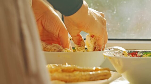Close up pollock fillet schnitzel dipped in egg mix home cooking evening light