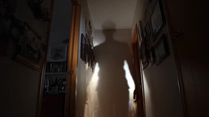Eerie translucent shadow of a ghost or spirit haunting a dark, narrow residential hallway. Supernatural paranormal activity concept with mysterious spooky silhouette figure. - Powered by Adobe