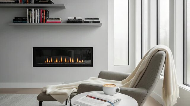 Modern Minimalist Living Room with Linear Gas Fireplace, Grey Lounge Chair, Cashmere Throw, Coffee, and Book, Creating a Serene and Elegant Retreat.

