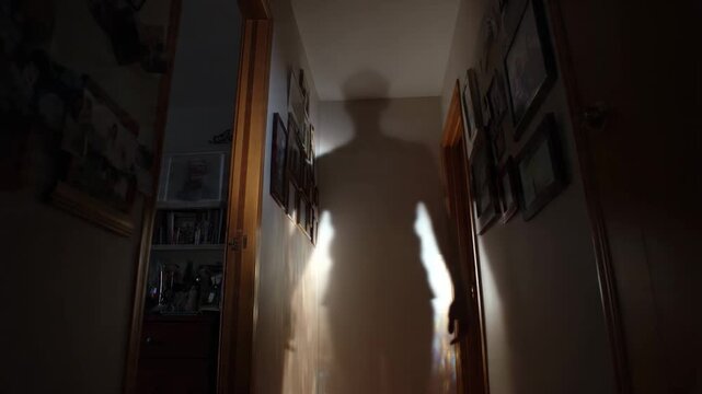 Eerie translucent shadow of a ghost or spirit haunting a dark, narrow residential hallway. Supernatural paranormal activity concept with mysterious spooky silhouette figure.