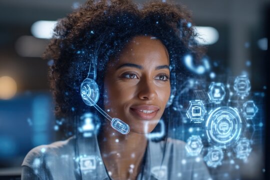 Woman working in customer service center with holographic interface - Powered by Adobe