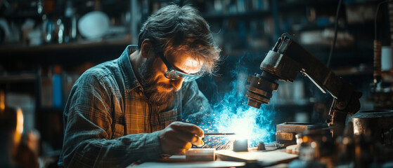 Fototapeta premium A worker wearing safety goggles welds metal in a workshop — an illustration for materials about industry, manual labor, and manufacturing.