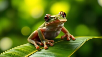 Fototapeta premium Tree frog perched on tropical leaf, wildlife in natural habitat.