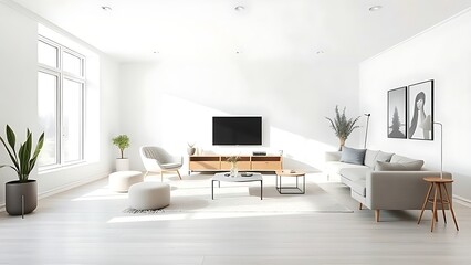 Fototapeta premium A minimalist Scandinavian living room with modern furniture and neutral tones.