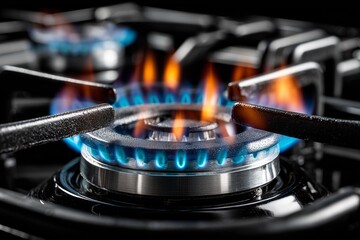 Close-up of a lit gas burner on a stovetop, showing the bright blue and orange flame against a dark, black background.