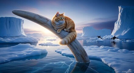 An orange cat rests on a piece of driftwood in an icy landscape.