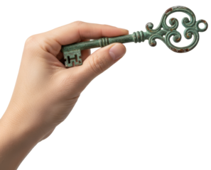 a hand holds a rusty antique skeleton key