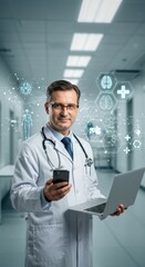 Doctor using laptop and smartphone in hospital hallway.