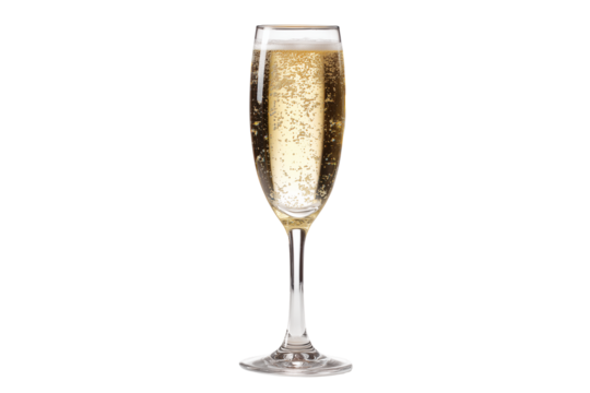 A Happy New Year champagne flute with bubbles, isolated on a transparent background.