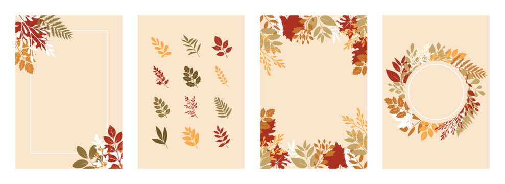 Autumn vertical banners with failing dry colorful leaves on beige backgrounds with empty copy space. Social media post, web advertisement, greeting card. Autumn season special offer vertical promotion