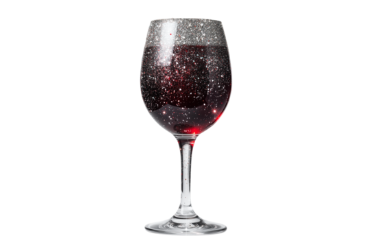 A Happy New Year glass of red wine with sparkles, isolated on a transparent background.
