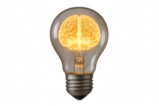 Light bulb with a glowing brain inside, symbolizing a bright idea, creativity, and intelligence on transparent background