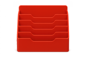Red plastic desk organizer holding files and paper