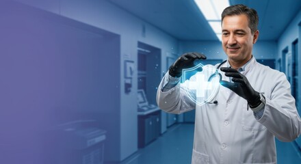 Doctor holding a shield with a medical cross, protection concept.