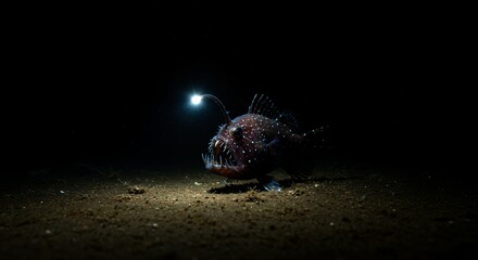 Anglerfish deep sea predator illuminated against black background