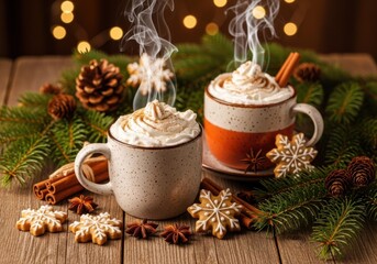 Two steaming mugs of hot chocolate with whipped cream and cinnamon sticks isolated on white background