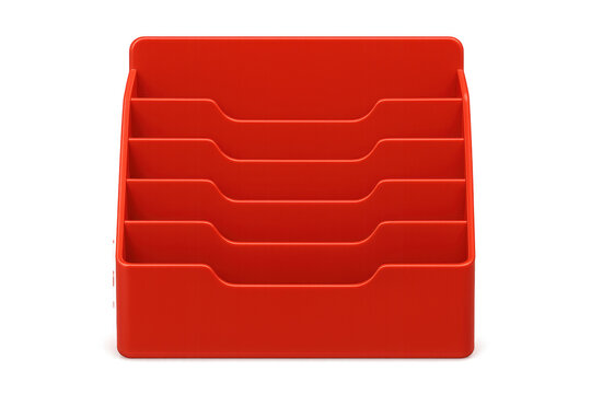 Red plastic desk organizer holding files and paper