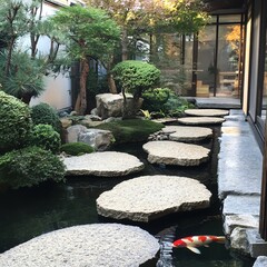 Fototapeta premium A tranquil japanese garden with stepping stones across a koi pond, reflecting the surrounding trees and architecture in a zen setting