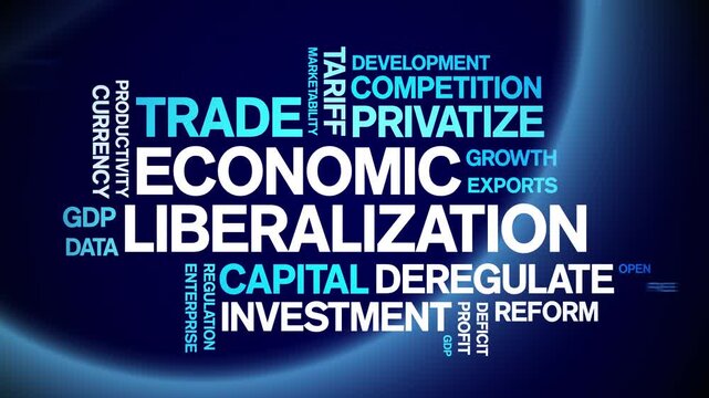 Economic Liberalization animated word cloud-text design animation tag kinetic typography seamless loop.