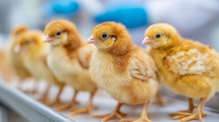 Fototapeta premium Chicken Lineup: A close-up shot captures a row of adorable, fluffy chicks, each with bright, alert eyes and a downy coat of yellow and brown feathers. The chicks stand in a line, symbolizing life.