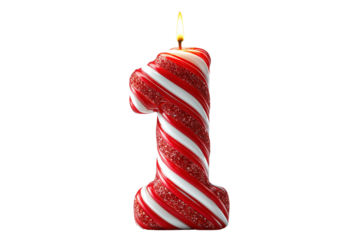 A Happy New Year festive candle shaped like the number 1, isolated on a transparent background.