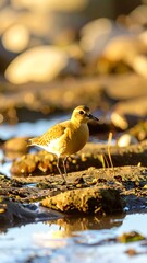 A small, golden bird stands on wet rocks