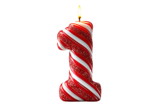 A Happy New Year festive candle shaped like the number 1, isolated on a transparent background.