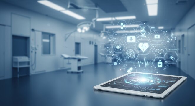 Tablet displaying medical data in a sterile operating room.