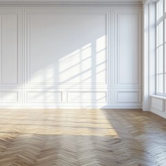Sunny, white room with parquet floor