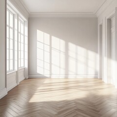 Fototapeta premium Empty sunlit room with herringbone floor
