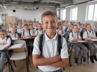 Smiling young male elementary school student in uniform with a backpack standing with arms crossed in front of a busy classroom.