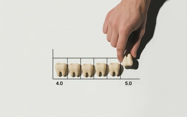 A hand meticulously places a tooth model on a numerical scale, symbolizing a dental health evaluation and oral hygiene rating