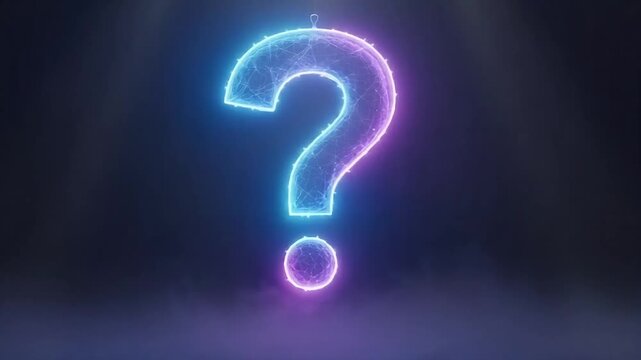 Neon question mark glows brightly with digital connections in a dark, mysterious setting, perfect for technology or innovation concepts