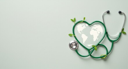 Green stethoscope with heart shape and world map inside.
