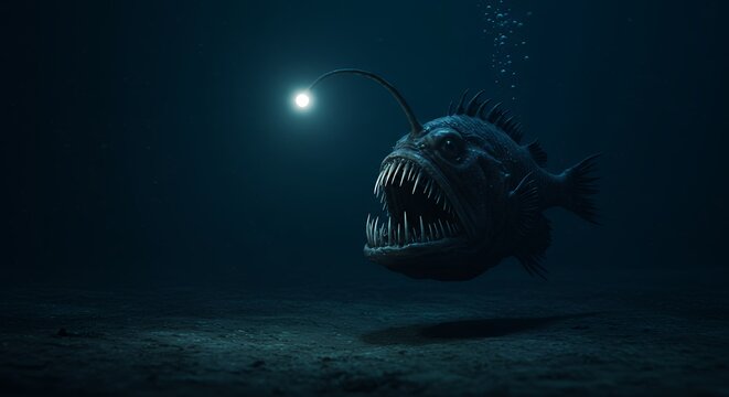 Deep sea anglerfish illuminated underwater dark ocean creature