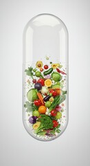 Capsule with fresh vegetables. Healthy supplements concept.