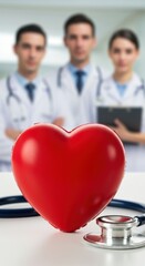Red heart shape and stethoscope with doctors in the background.