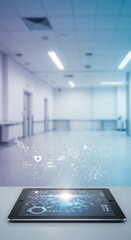 Tablet displays medical data in a hospital hallway setting.