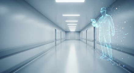 Doctor using digital tablet in hospital corridor. Healthcare concept.