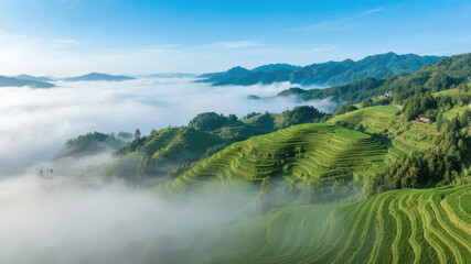 Minor Heat solar term tea garden terraces sea of clouds aerial photography eco-tourism background