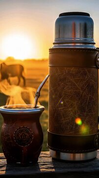 un mate caliente con vapor saliendo y un termo al lado sobre un banco en una ma&ntilde;ana fresca en el campo con algunas vacas de fondo desenfocado, luz c&aacute;lida del amanecer
