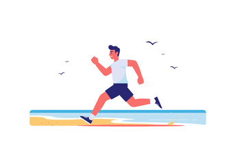 Obraz premium Man jogging on the beach with birds flying above, suitable for fitness and outdoor activities concepts in designs and projects.