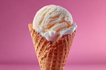 Vanilla ice cream melting in a crisp waffle cone against a vibrant pink background