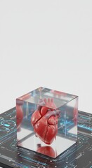 Human heart in a glass cube on a digital surface.