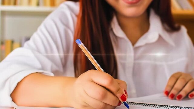 Mujer de negocios escribiendo en un despacho con documentos y libros mientras estudia y trabaja en educaci&oacute;n y computaci&oacute;n
