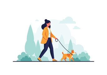 Captures a woman walking her small brown dog on a leash outdoors, suitable for pet care, walking services, lifestyle.