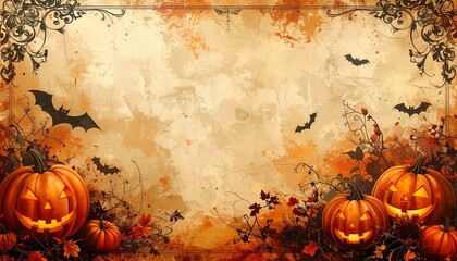 Old-fashioned Halloween wallpaper with jack-o’-lanterns and bats on distressed paper