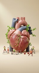 Healthy heart with miniature people doing sport exercises.
