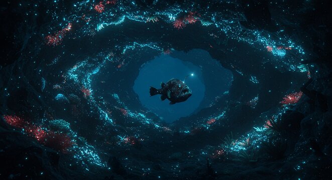 Mysterious underwater scene depicting oceanic life and environment