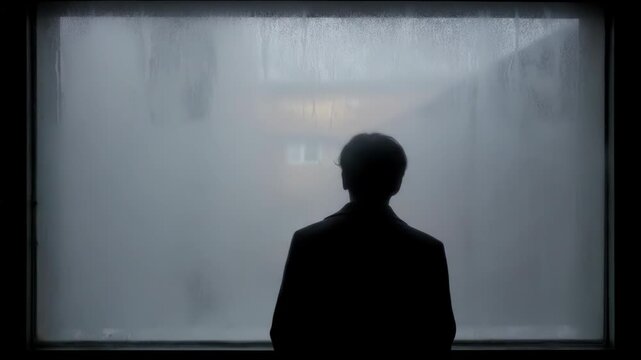 A lone figure stands silhouetted against a misted window pane, looking outwards